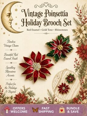 Set of 2 Vintage Poinsettia Brooches Red Enamel Rhinestones Holiday Pins